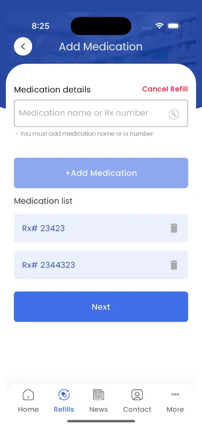 Phone screen showing prescription refill feature